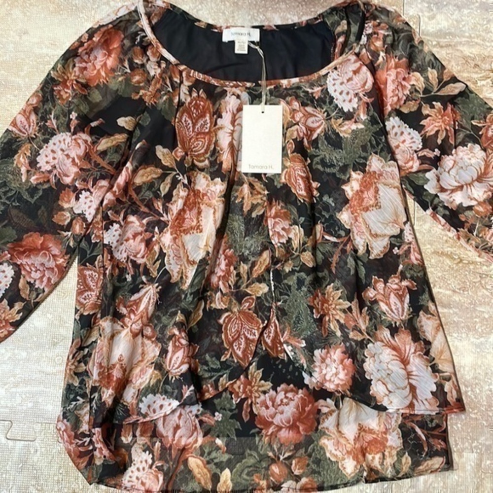 Tamara H Floral Boho Blouse Sheer Peasant Top Size XS